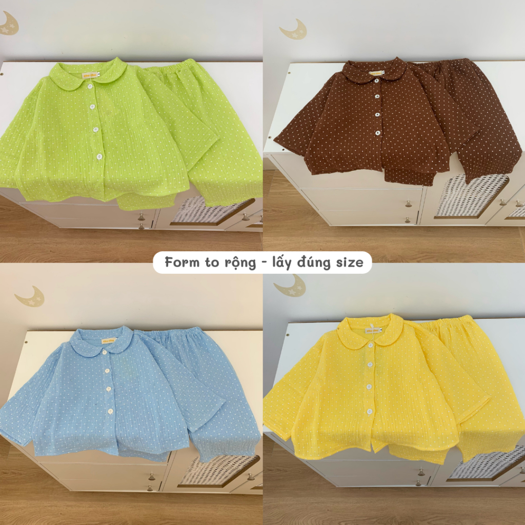 Đồ ngủ trẻ em 9-24kg | Bộ chấm bi vải Xô Muslin thấm hút mồ hôi, phối cổ dễ thương