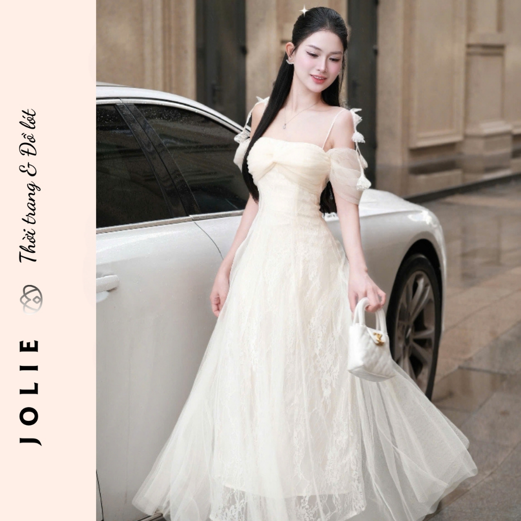 Đầm Công Chúa JOLIE - Váy Maxi Dự Tiệc Phối Ren Lưới Trễ Vai Tiểu Thư Sang Trọng Đi Tiệc Cưới, Chụp Ảnh