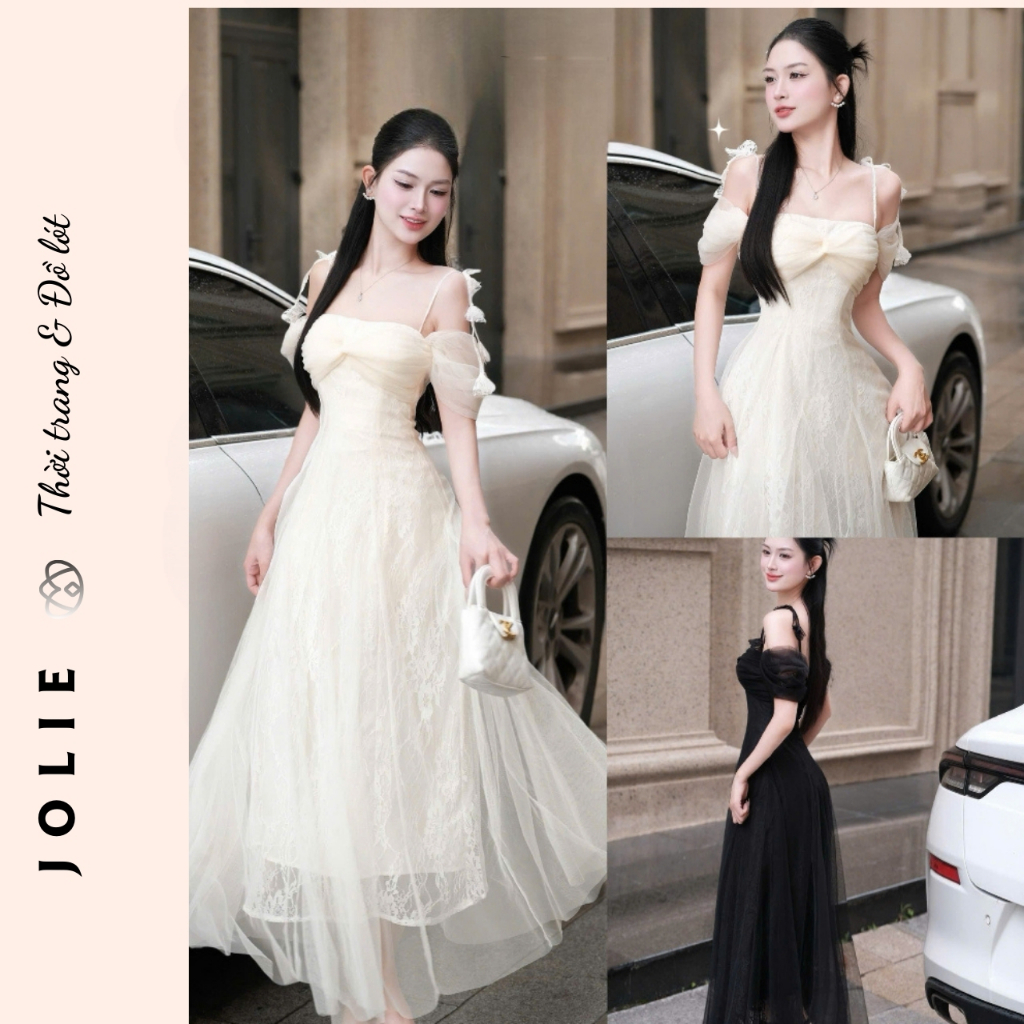 Đầm Công Chúa JOLIE - Váy Maxi Dự Tiệc Phối Ren Lưới Trễ Vai Tiểu Thư Sang Trọng Đi Tiệc Cưới, Chụp Ảnh