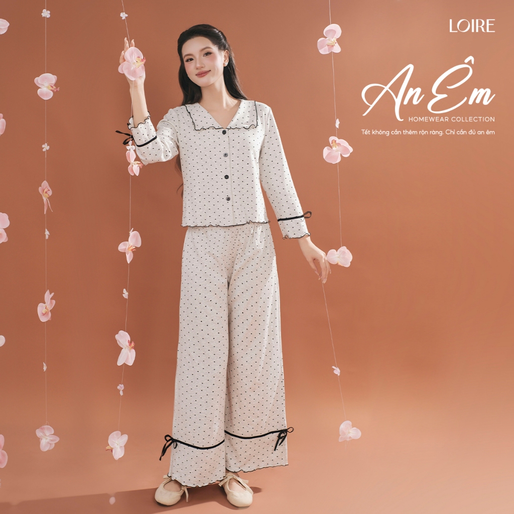 [AN ÊM]Bộ Mặc Nhà Vân An Loire FDMN250336 Thu Đông Cotton Dài Tay Dáng Suông Chấm Bi