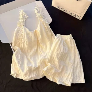 Bộ ngủ nữ hai dây có mút ngực đũi xốp hoa thêu sang chảnh ngọt ngào mặc nhà dáng rộng pijama mát mẻ 088