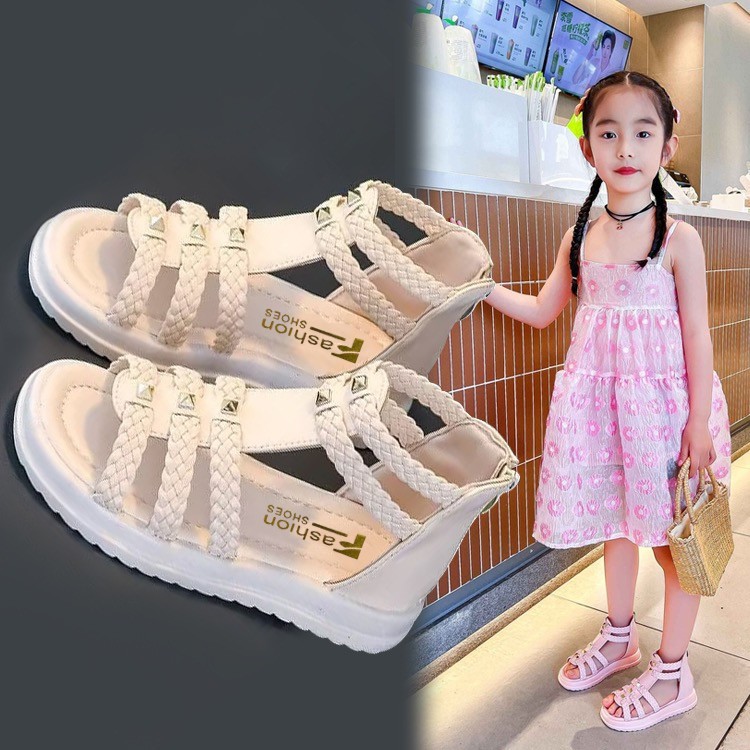 [M013] Sandal Chiến Binh Bé Gái Cổ Cao Đính Đá Sang Chảnh, Giày Sandal Quai Tết Cách Điệu Đế Mềm Chống Trơn Trượt