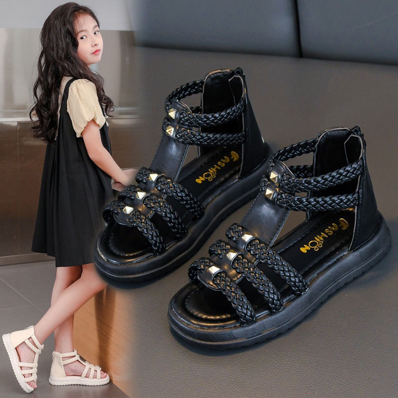 [M013] Sandal Chiến Binh Bé Gái Cổ Cao Đính Đá Sang Chảnh, Giày Sandal Quai Tết Cách Điệu Đế Mềm Chống Trơn Trượt