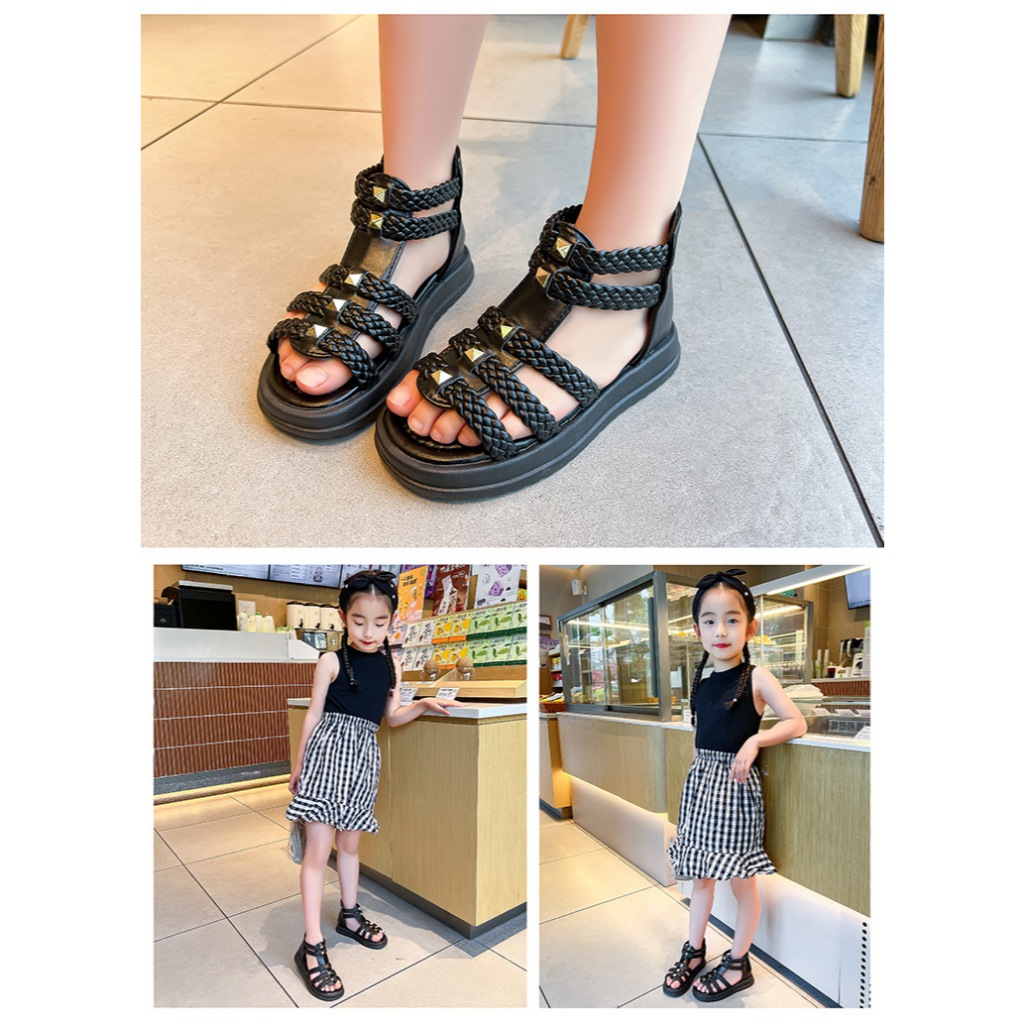 [M013] Sandal Chiến Binh Bé Gái Cổ Cao Đính Đá Sang Chảnh, Giày Sandal Quai Tết Cách Điệu Đế Mềm Chống Trơn Trượt