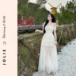 Set Váy JOLIE Phối Ren Nổi - Đầm Xòe Dáng Dài Tiểu Thư Sang Trọng Đi Tiệc, Đi Làm, Chụp Ảnh.