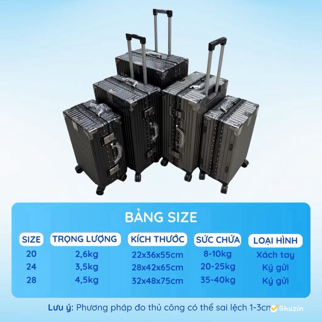 Vali Khung Nhôm Khóa Sập Bo Góc Kim Loại Chống Bể Vỡ