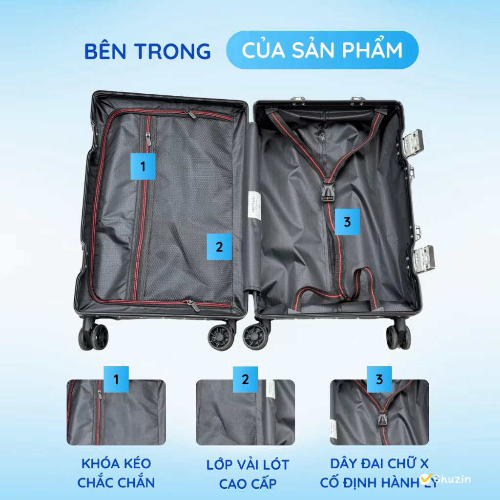 Vali Khung Nhôm Khóa Sập Bo Góc Kim Loại Chống Bể Vỡ