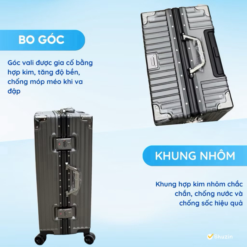 Vali Khung Nhôm Khóa Sập Bo Góc Kim Loại Chống Bể Vỡ