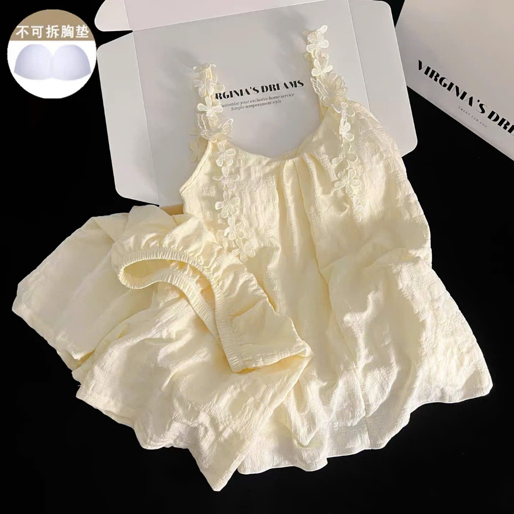 Bộ ngủ nữ hai dây có mút ngực đũi xốp hoa thêu sang chảnh ngọt ngào mặc nhà dáng rộng pijama mát mẻ 088