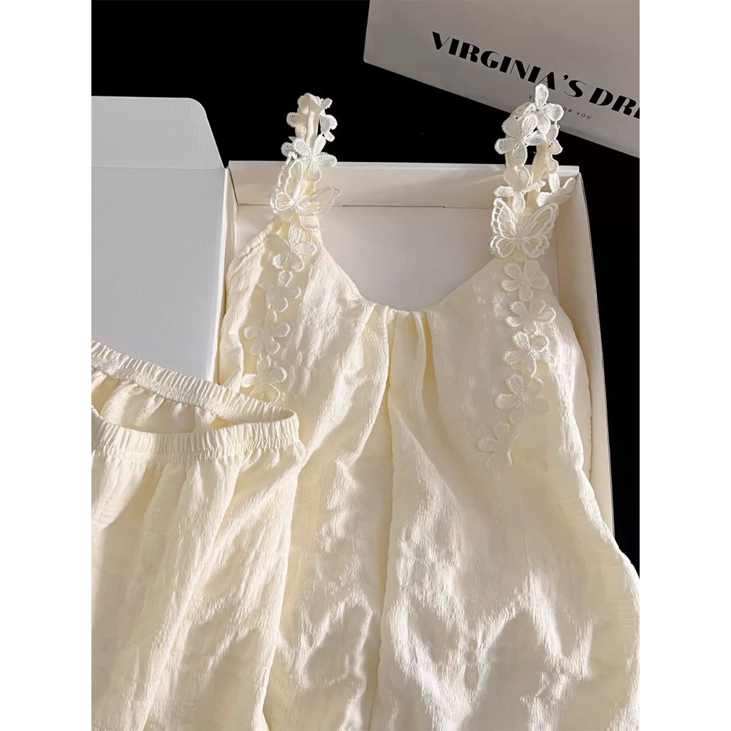 Bộ ngủ nữ hai dây có mút ngực đũi xốp hoa thêu sang chảnh ngọt ngào mặc nhà dáng rộng pijama mát mẻ 088