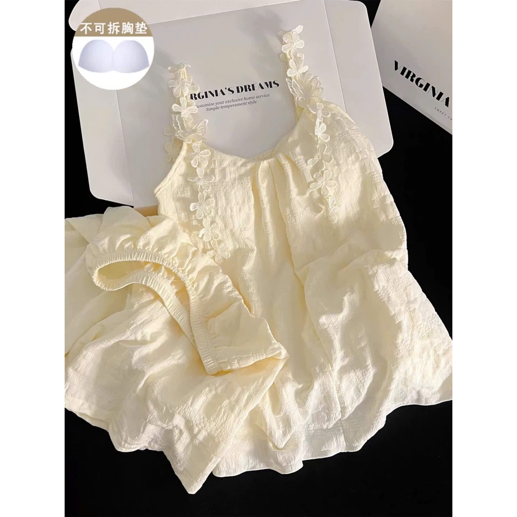 Bộ ngủ nữ hai dây có mút ngực đũi xốp hoa thêu sang chảnh ngọt ngào mặc nhà dáng rộng pijama mát mẻ 088
