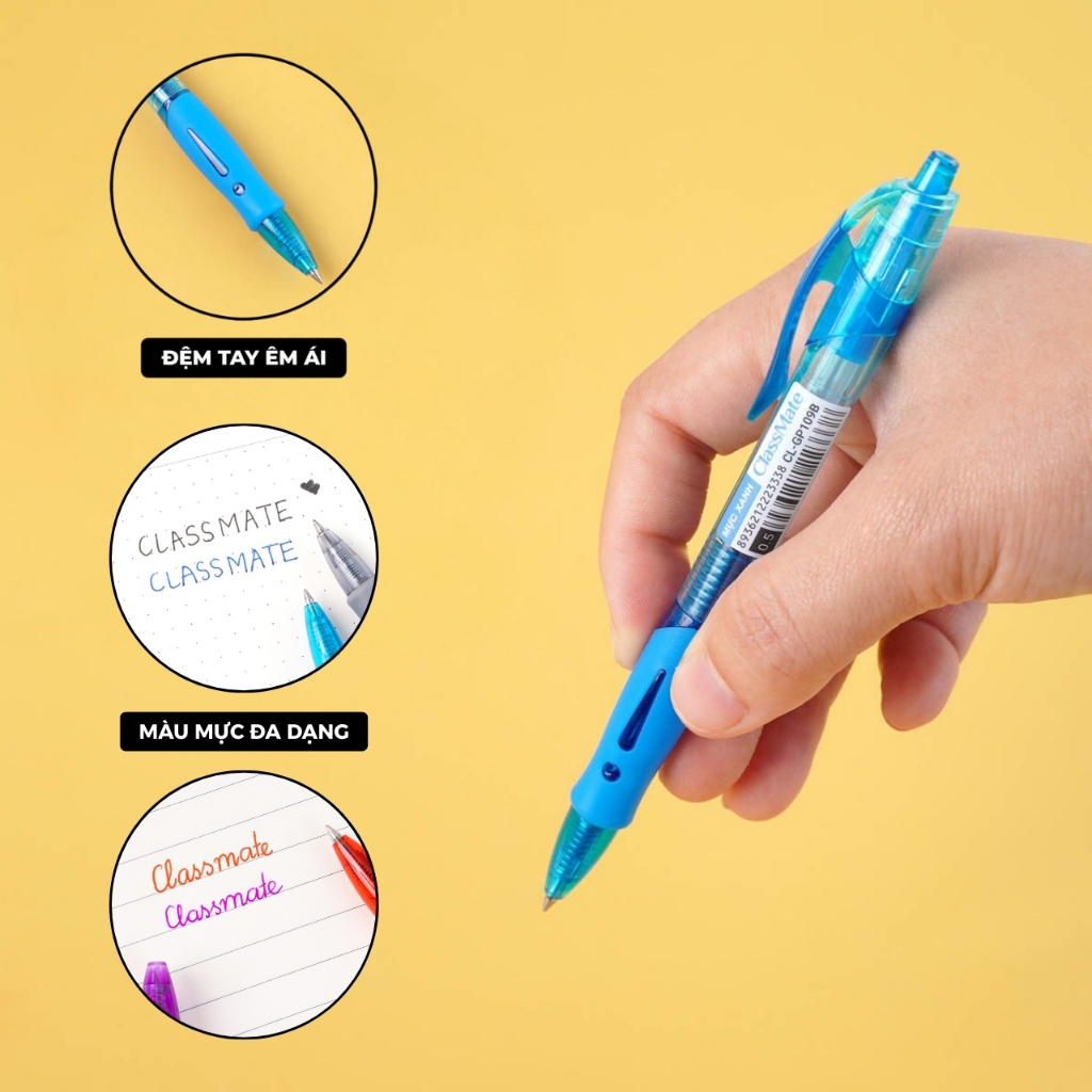 Hộp 10 Chiếc Bút Gel Bấm Classmate Ngòi 0.5mm, Bút Gel Đen Xanh Mực Chống Nước Cao Cấp Thiết Kế Basic Viết Trơn CL-GP109