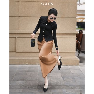Áo Ren Tay Dài Thiết Kế Cổ Bẻ SOLLIN Trắng/Đen Phong Cách Công Sở Thanh Lịch VEILA TOP