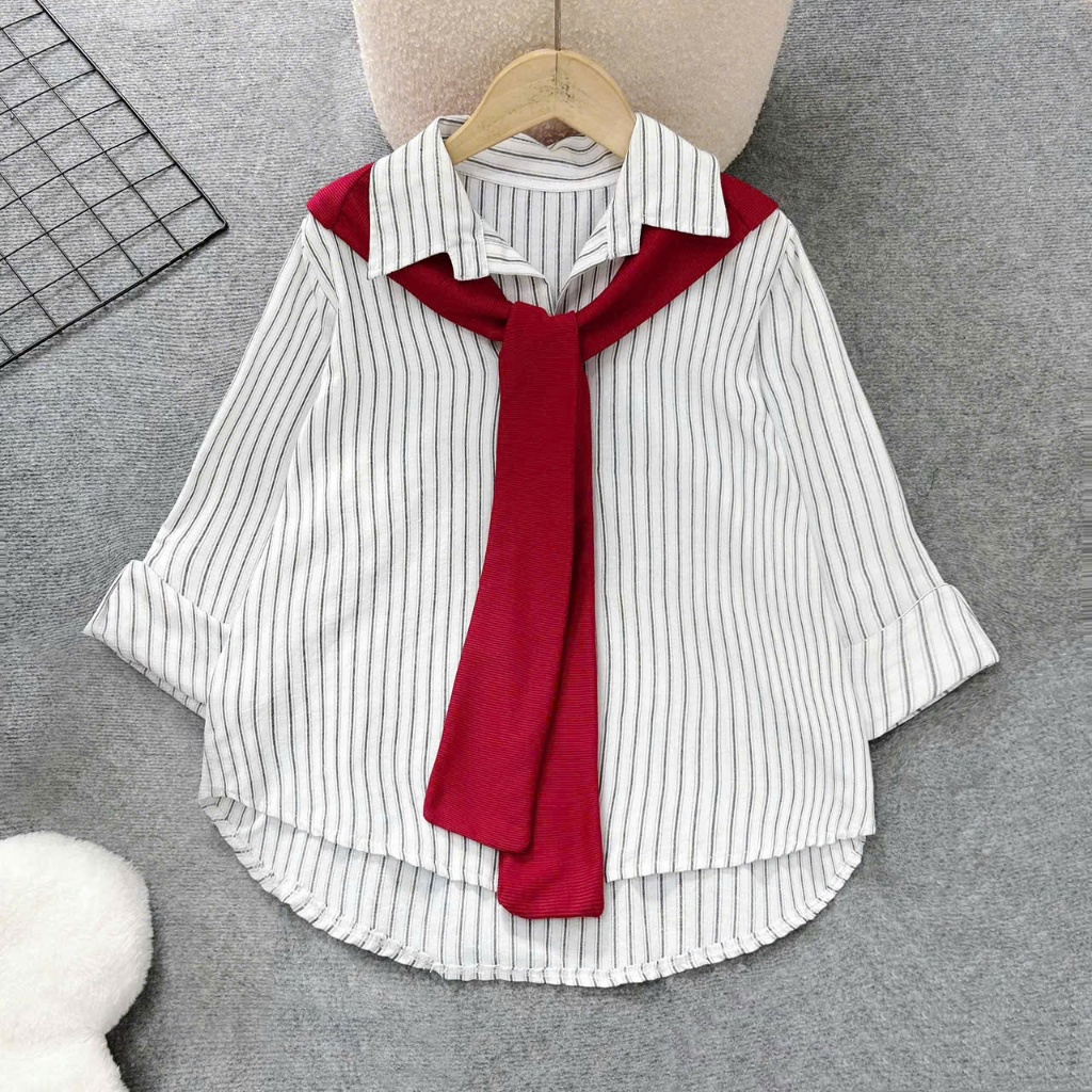 Áo sơ mi bigsize nữ Hàn Quốc kẻ sọc phối khăn thủy thủ – Dáng xinh che khuyết điểm cho nàng 50–93kg – A328+A195