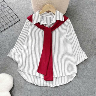 Áo sơ mi bigsize nữ  dài tay kẻ sọc phối khăn thủy thủ dễ thương xinh xắn phong cách Hàn Quốc 50-93kg A328+A195