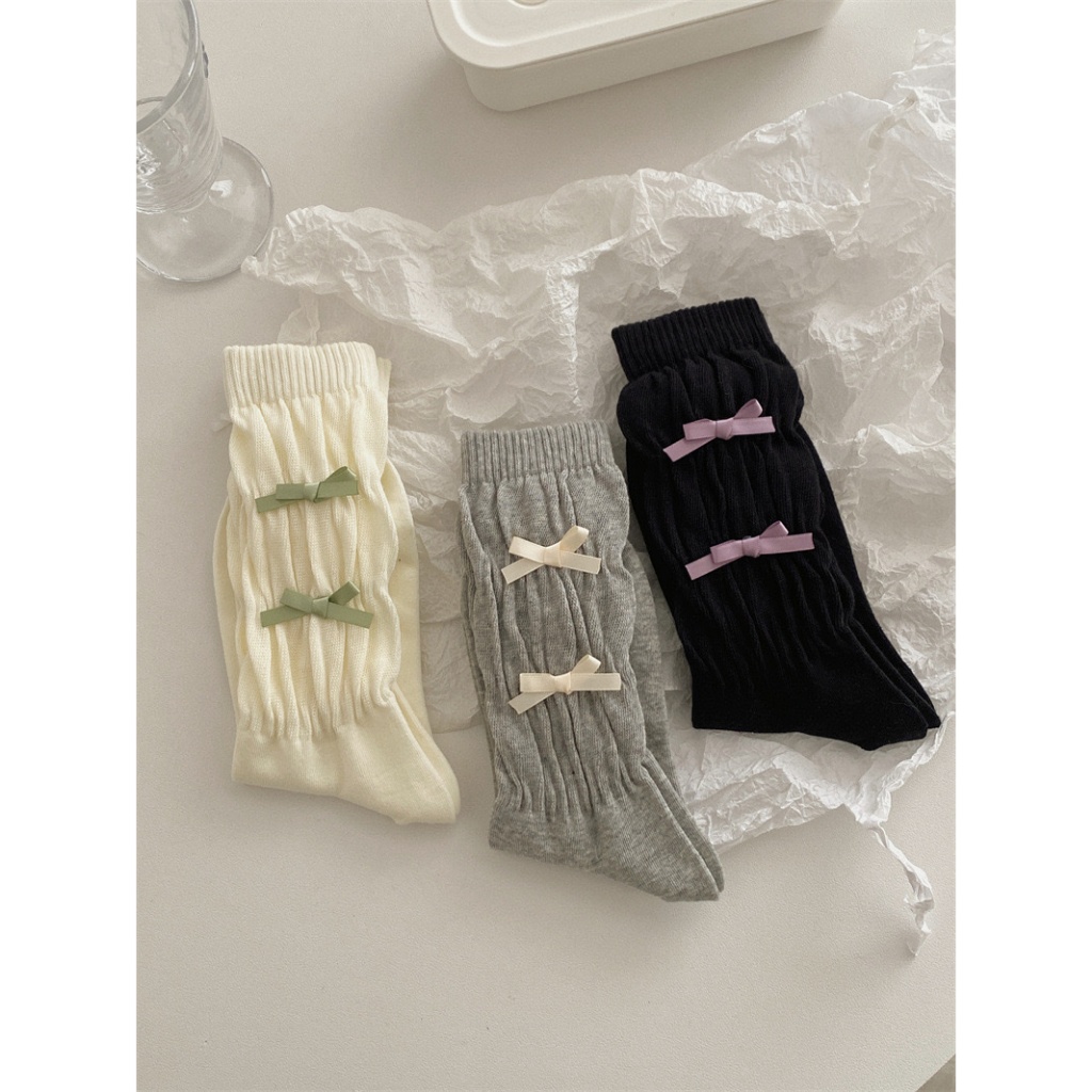 Tất nữ dáng dài bo chun nhún gân phối 2 nơ phía trước, vớ cotton mềm dễ thương, nhiều màu basic – daldanlovely
