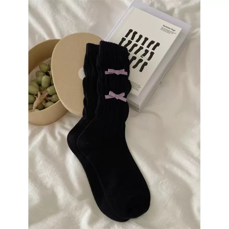 Tất nữ dáng dài bo chun nhún gân phối 2 nơ phía trước, vớ cotton mềm dễ thương, nhiều màu basic – daldanlovely