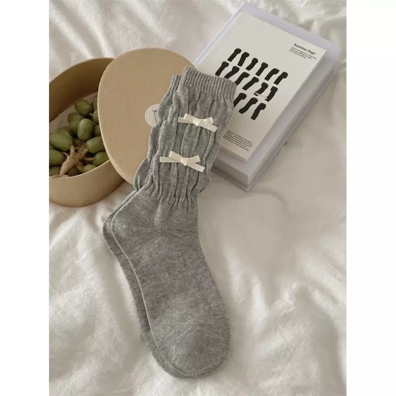 Tất nữ dáng dài bo chun nhún gân phối 2 nơ phía trước, vớ cotton mềm dễ thương, nhiều màu basic – daldanlovely