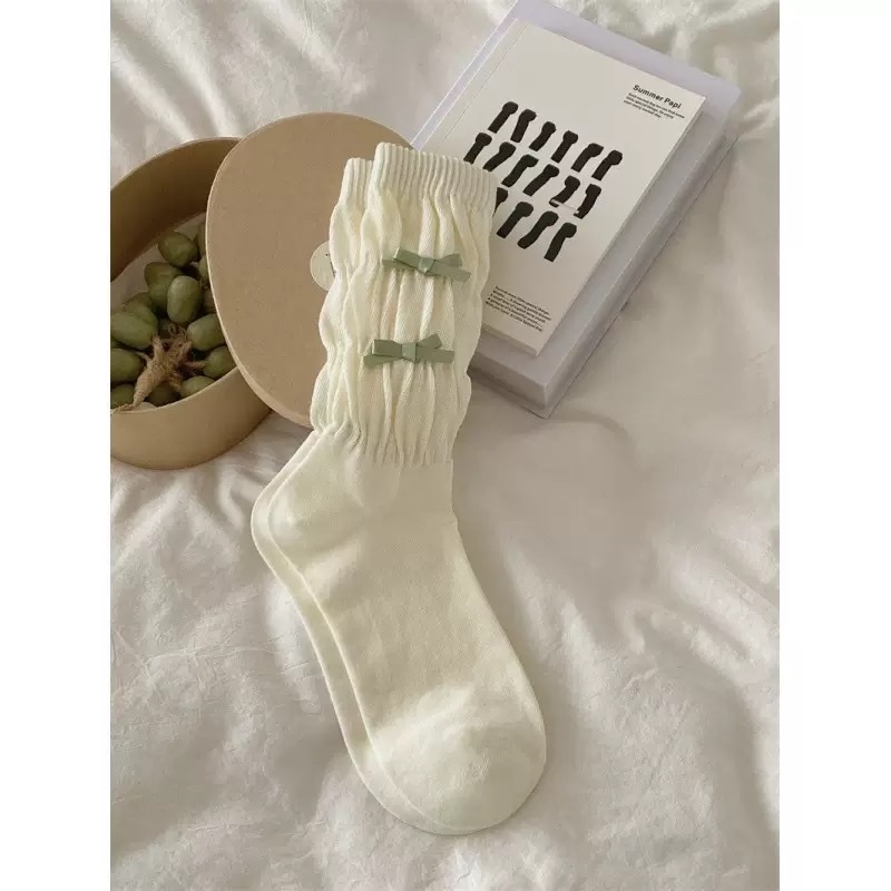 Tất nữ dáng dài bo chun nhún gân phối 2 nơ phía trước, vớ cotton mềm dễ thương, nhiều màu basic – daldanlovely