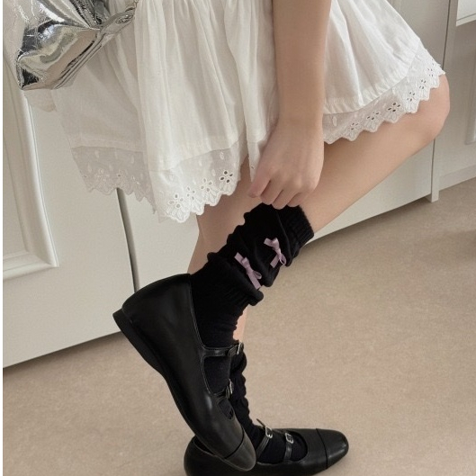 Tất nữ dáng dài bo chun nhún gân phối 2 nơ phía trước, vớ cotton mềm dễ thương, nhiều màu basic – daldanlovely