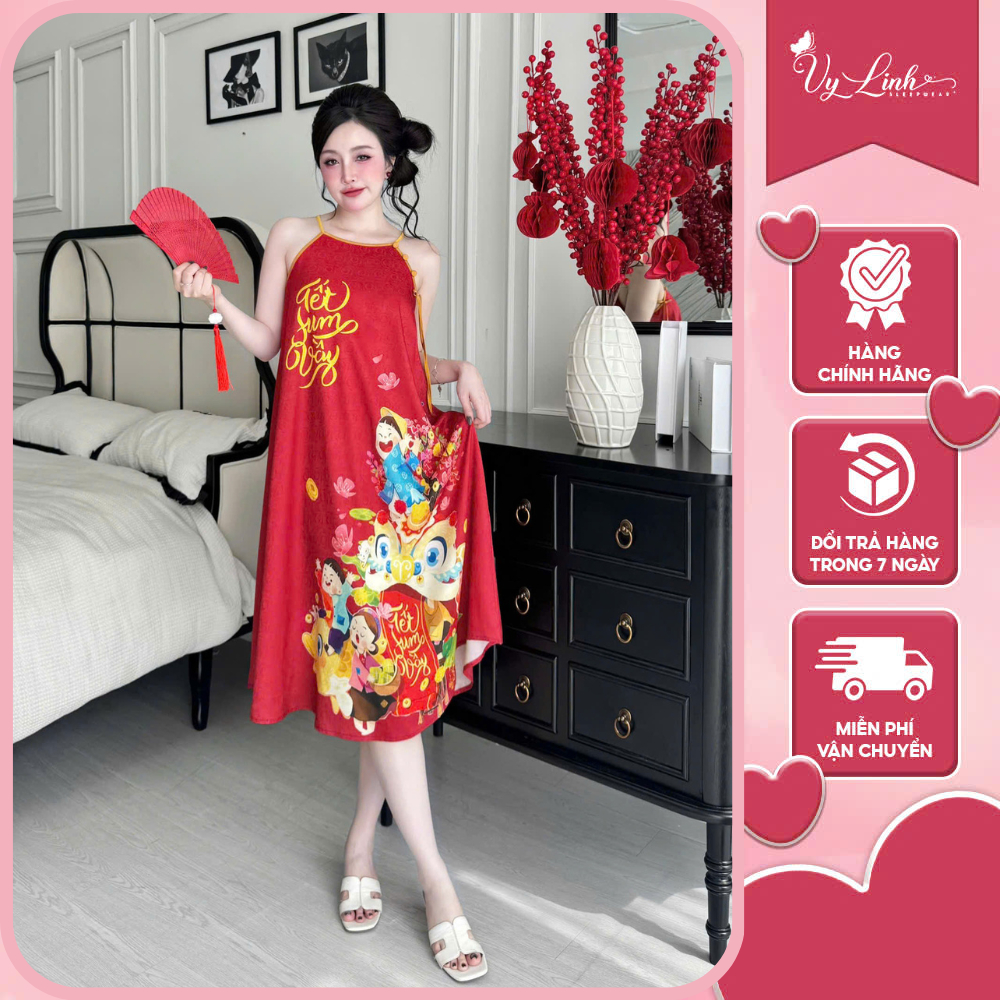 Đầm ngủ hai dây Vy Linh chất liệu gấm họa tiết in hình 3D xinh xắn thoáng mát, mềm mại S1324 3D