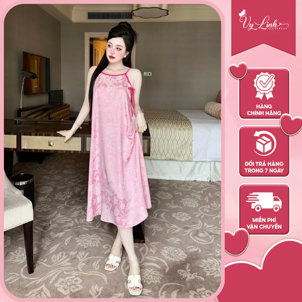 Đầm ngủ hai dây nữ Vy Linh chất liệu gấm họa tiết hoa lá (TÙY LÔ) xinh xắn thoáng mát, mềm mại S1324