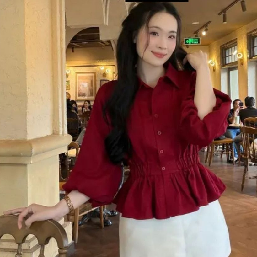 Áo Sơ Mi Nữ BABEE Tay Dài Phồng Dáng Xòe Nhấn Eo Tôn Dáng Xinh Xắn Sang Trọng Dễ Phối Đồ