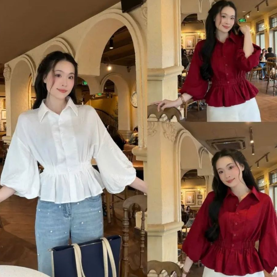 Áo Sơ Mi Nữ BABEE Tay Dài Phồng Dáng Xòe Nhấn Eo Tôn Dáng Xinh Xắn Sang Trọng Dễ Phối Đồ