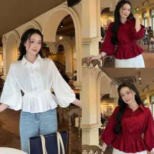 Áo Sơ Mi Nữ BABEE Tay Dài Phồng Dáng Xòe Nhấn Eo Tôn Dáng Xinh Xắn Sang Trọng Dễ Phối Đồ