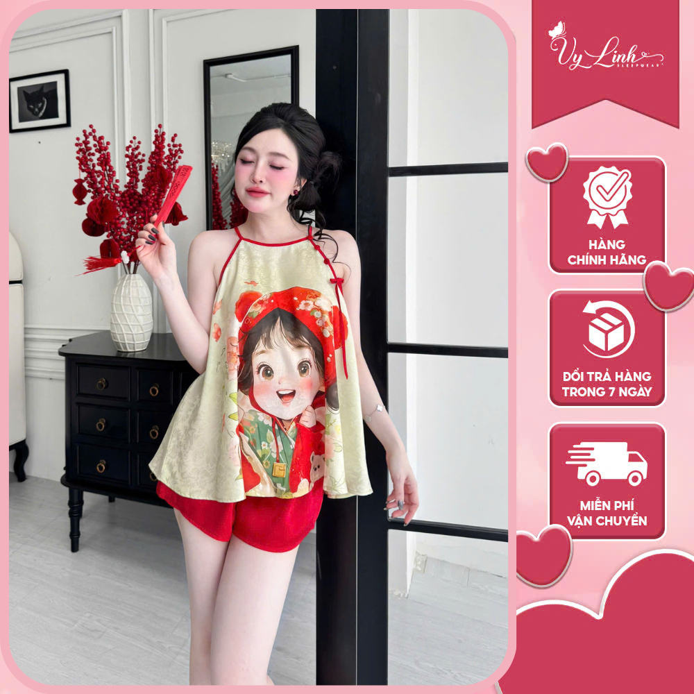 Bộ yếm nữ Tết đính ngọc VY LINH quần đùi chất liệu gấm phối quần lụa latin thoáng mát,thoải mái,trẻ trung S1251 3D