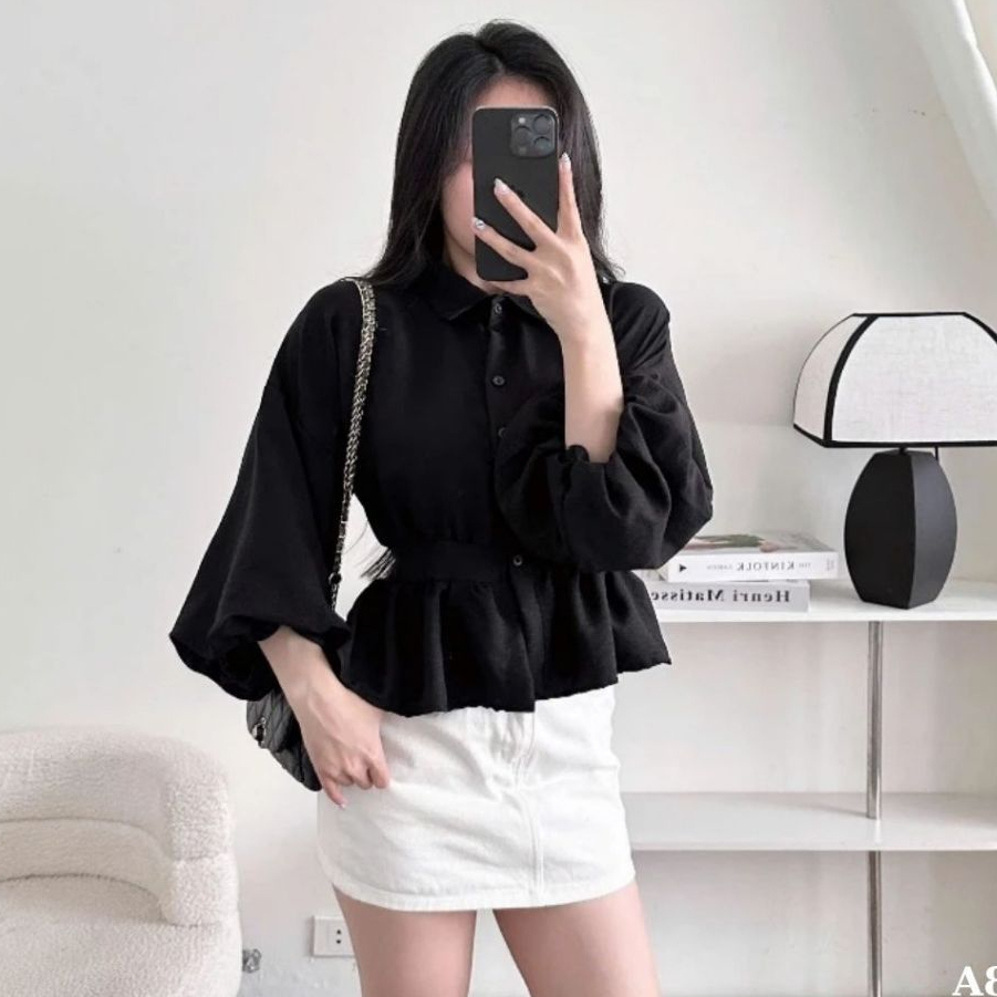 Áo Sơ Mi Nữ BABEE Tay Dài Phồng Dáng Xòe Nhấn Eo Tôn Dáng Xinh Xắn Sang Trọng Dễ Phối Đồ