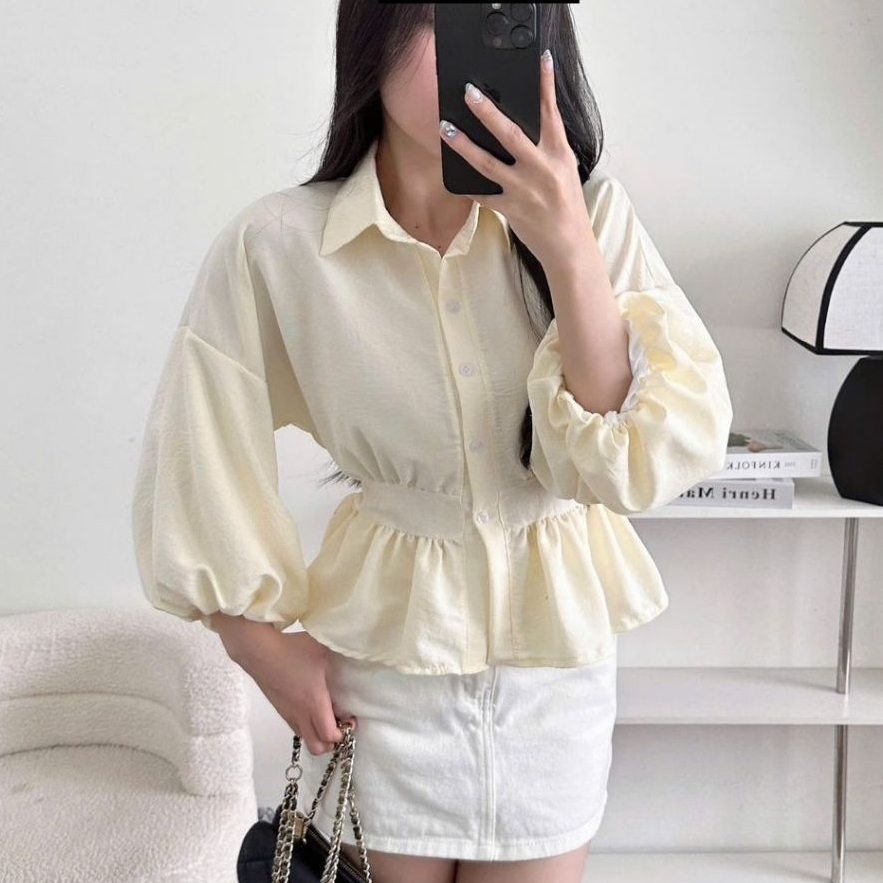 Áo Sơ Mi Nữ BABEE Tay Dài Phồng Dáng Xòe Nhấn Eo Tôn Dáng Xinh Xắn Sang Trọng Dễ Phối Đồ