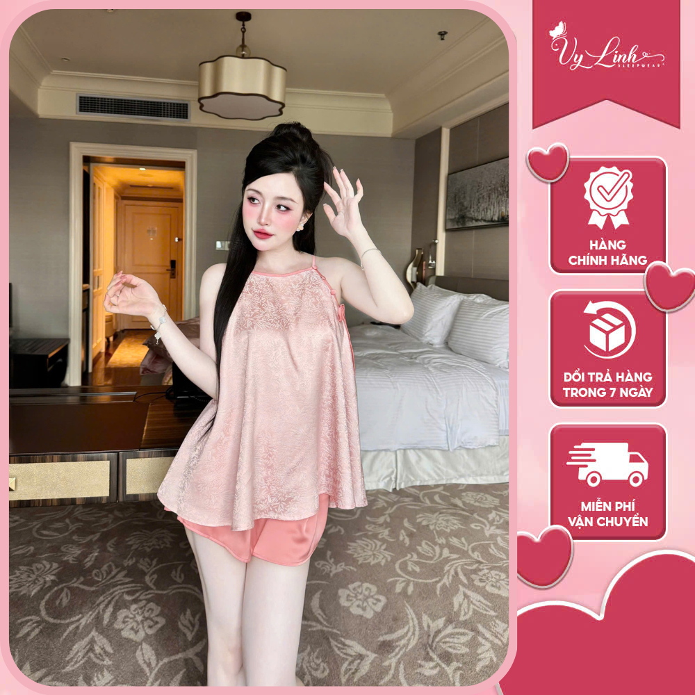 Bộ đùi yếm nữ VY LINH chất liệu gấm họa tiết hoa lá (TÙY LÔ) phối quần lụa latin thoáng mát,thoải mái,trẻ trung S1251