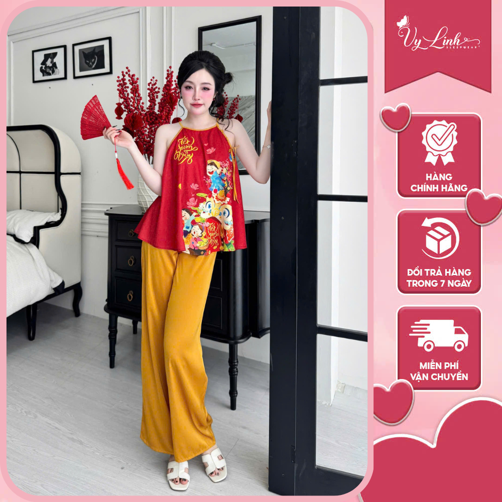 Bộ yếm nữ Tết đính ngọc Vy Linh quần dài chất liệu gấm phối quần latin mềm mại, thoáng mát, thấm hút mồ hôi tốt s1256 3D