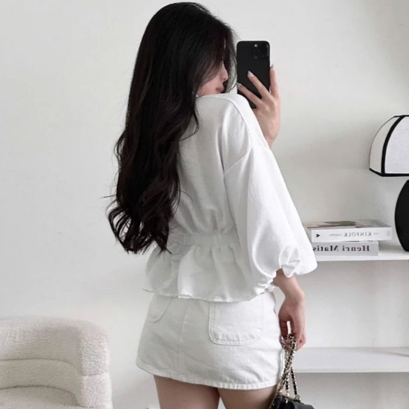 Áo Sơ Mi Nữ BABEE Tay Dài Phồng Dáng Xòe Nhấn Eo Tôn Dáng Xinh Xắn Sang Trọng Dễ Phối Đồ