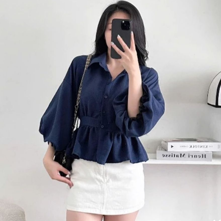 Áo Sơ Mi Nữ BABEE Tay Dài Phồng Dáng Xòe Nhấn Eo Tôn Dáng Xinh Xắn Sang Trọng Dễ Phối Đồ