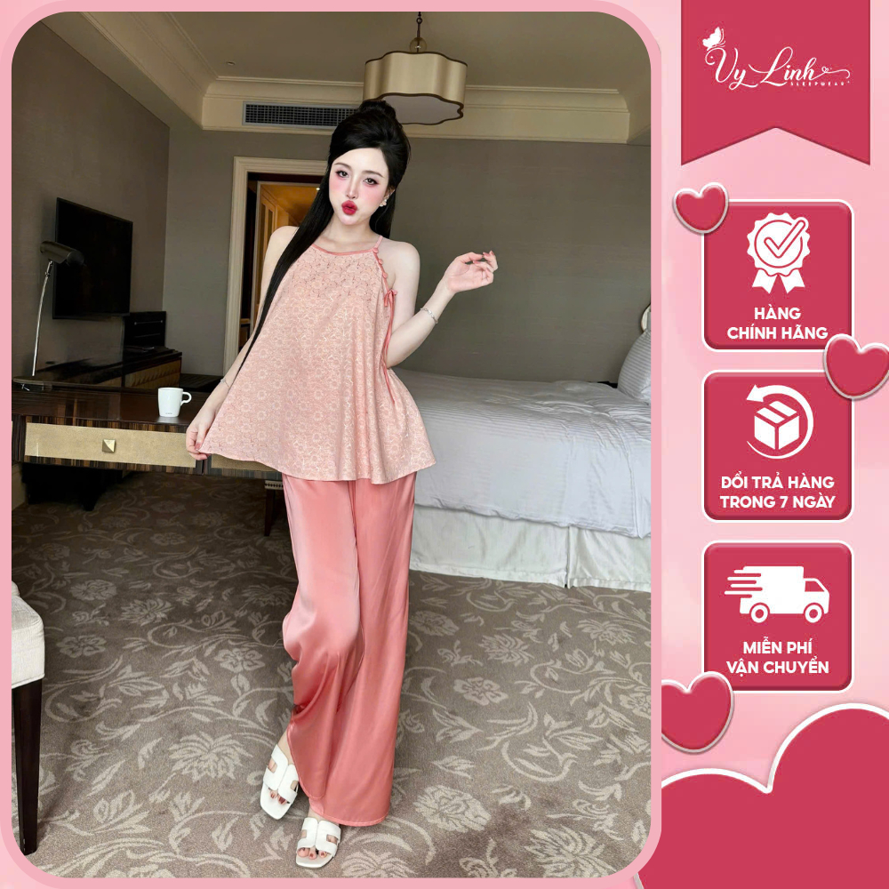 Bộ yếm nữ Vy Linh quần dài chất liệu gấm họa tiết hoa lá (TÙY LÔ) phối quần lụa latin thoáng mát s1256