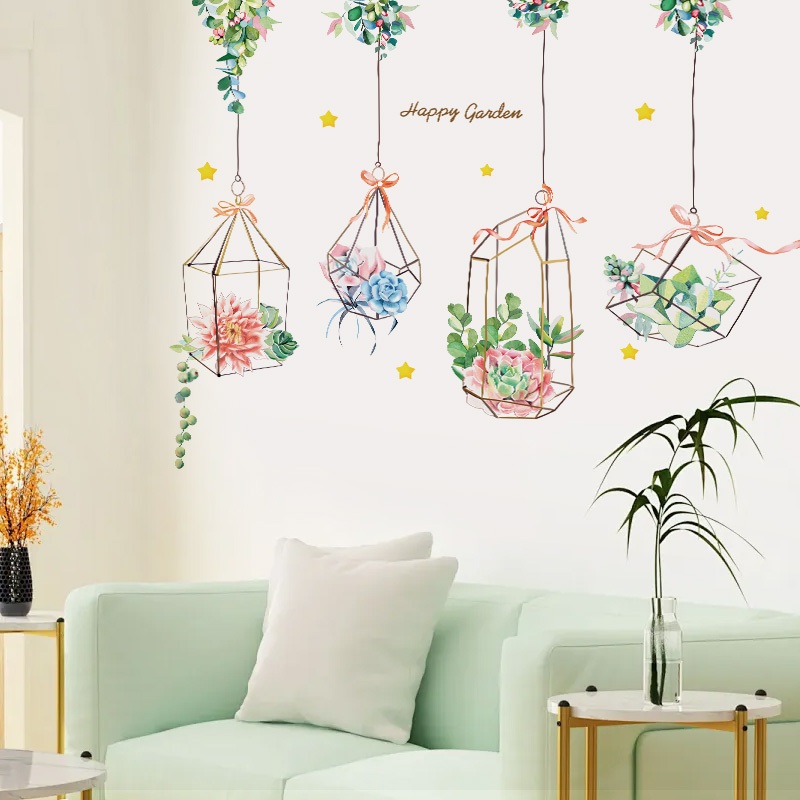 Decal Dán Tường Chậu Cây Treo Sen Đá Có Keo Sẵn 118x94cm – Trang Trí Phòng Khách Phòng Ngủ