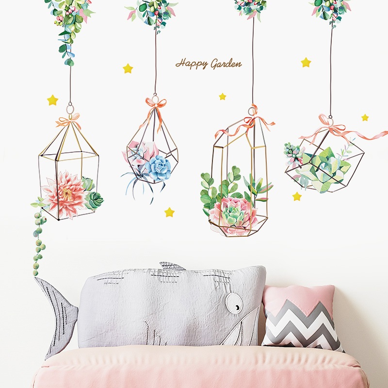Decal Dán Tường Chậu Cây Treo Sen Đá Có Keo Sẵn 118x94cm – Trang Trí Phòng Khách Phòng Ngủ