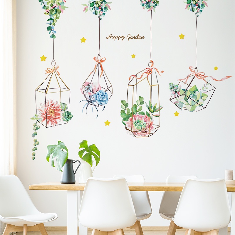 Decal Dán Tường Chậu Cây Treo Sen Đá Có Keo Sẵn 118x94cm – Trang Trí Phòng Khách Phòng Ngủ