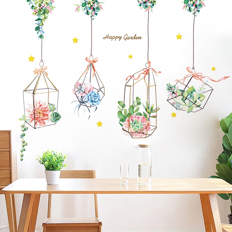 Decal Dán Tường Chậu Cây Treo Sen Đá Có Keo Sẵn 118x94cm – Trang Trí Phòng Khách Phòng Ngủ
