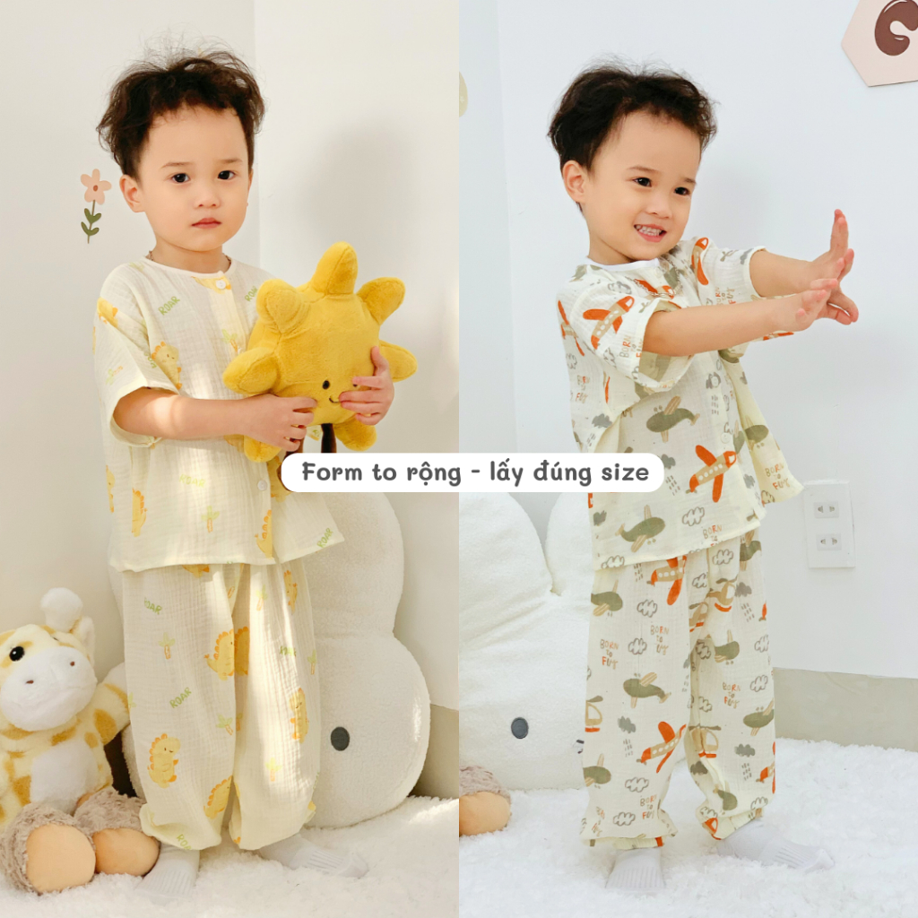 Đồ ngủ trẻ em 7–24kg | Bộ ngắn tay form rộng, vải Xô Muslin thoáng mát, thấm hút mồ hôi