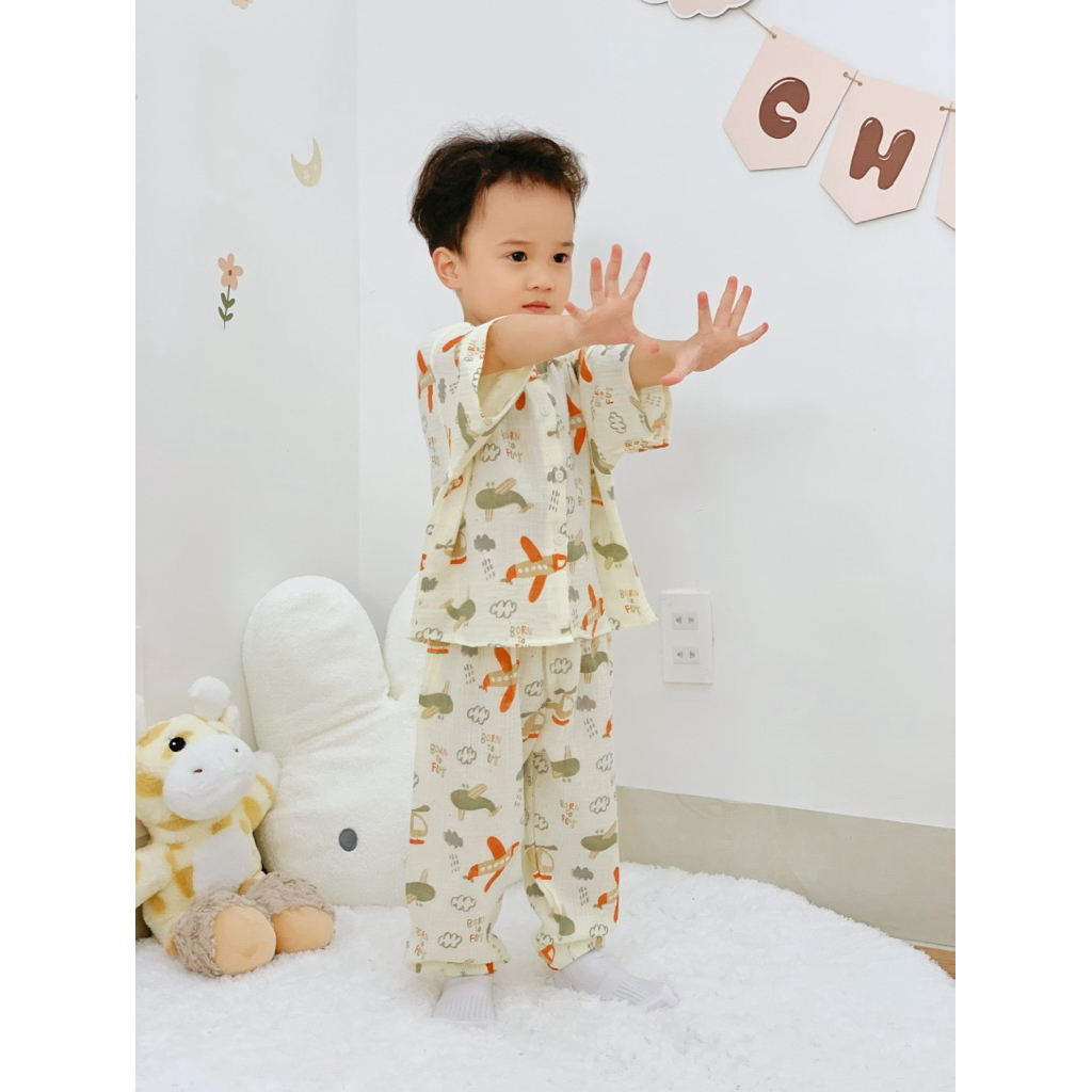 Đồ ngủ trẻ em 7–24kg | Bộ ngắn tay form rộng, vải Xô Muslin thoáng mát, thấm hút mồ hôi