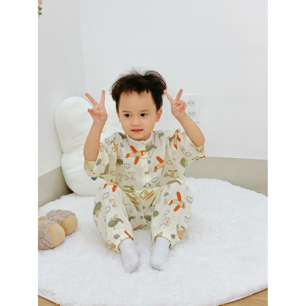 Đồ ngủ trẻ em 7–24kg | Bộ ngắn tay form rộng, vải Xô Muslin thoáng mát, thấm hút mồ hôi
