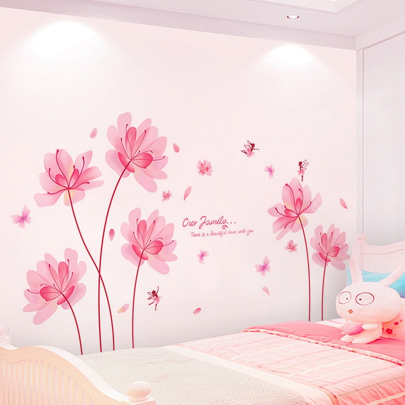 Decal Dán Tường Hoa Cỏ Bướm Hồng Có Keo Sẵn 105x83cm - Trang Trí Phòng Khách Phòng Ngủ