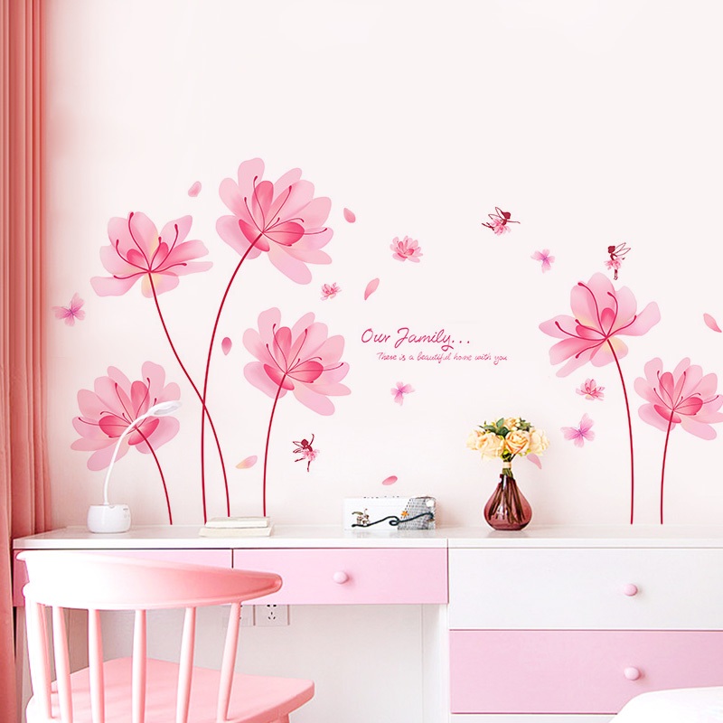 Decal Dán Tường Hoa Cỏ Bướm Hồng Có Keo Sẵn 105x83cm - Trang Trí Phòng Khách Phòng Ngủ