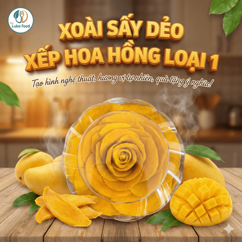 Xoài Sấy Dẻo Xếp Hoa Hồng Luka Food - Hộp 500g Hàng Loại 1, Vị Chua Ngọt, Mềm Dẻo, Không Xơ, Quà Biếu Sang Trọng