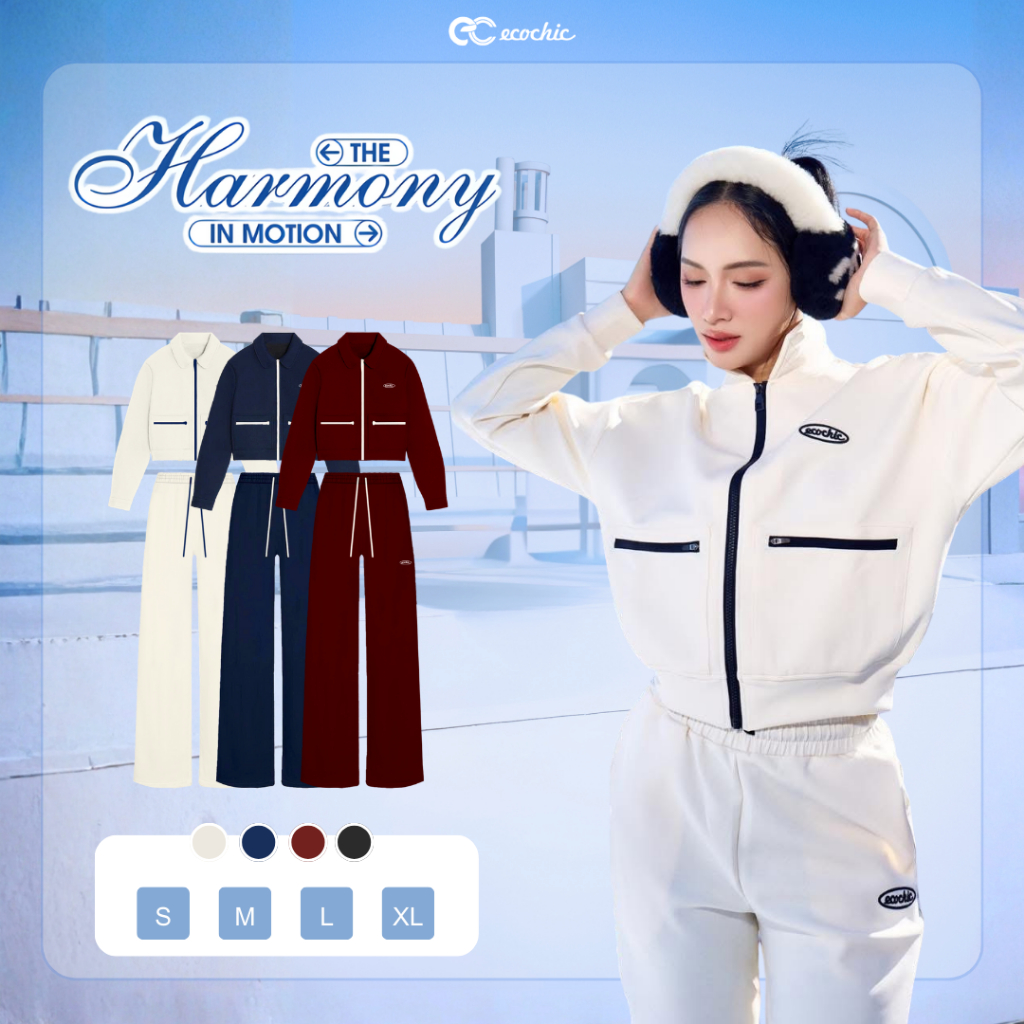 Set Bộ ECOCHIC Áo Cổ Polo Khoá Zip Quần Suông dài Basic Cao Cấp Mềm Mịn Chính Hãng HNH B206