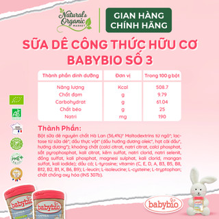 (DATE T7/2027) Sữa Dê Hữu Cơ Tăng Trưởng Babybio Số 3 800g (10 - 36 tháng) Phát Triển Não Bộ - Natural Market