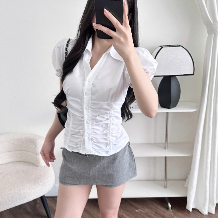 Áo Sơ Mi Nữ BABEE Tay Ngắn Bồng Nhún Eo Ôm Dáng Phong Cách Trẻ Trung Thanh Lịch Cá Tính